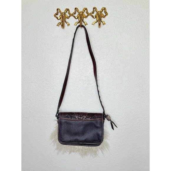 Montana Silversmiths Hand Tooled Leather Western Fur Crossbody Handbag Purse - Picture 5 of 11